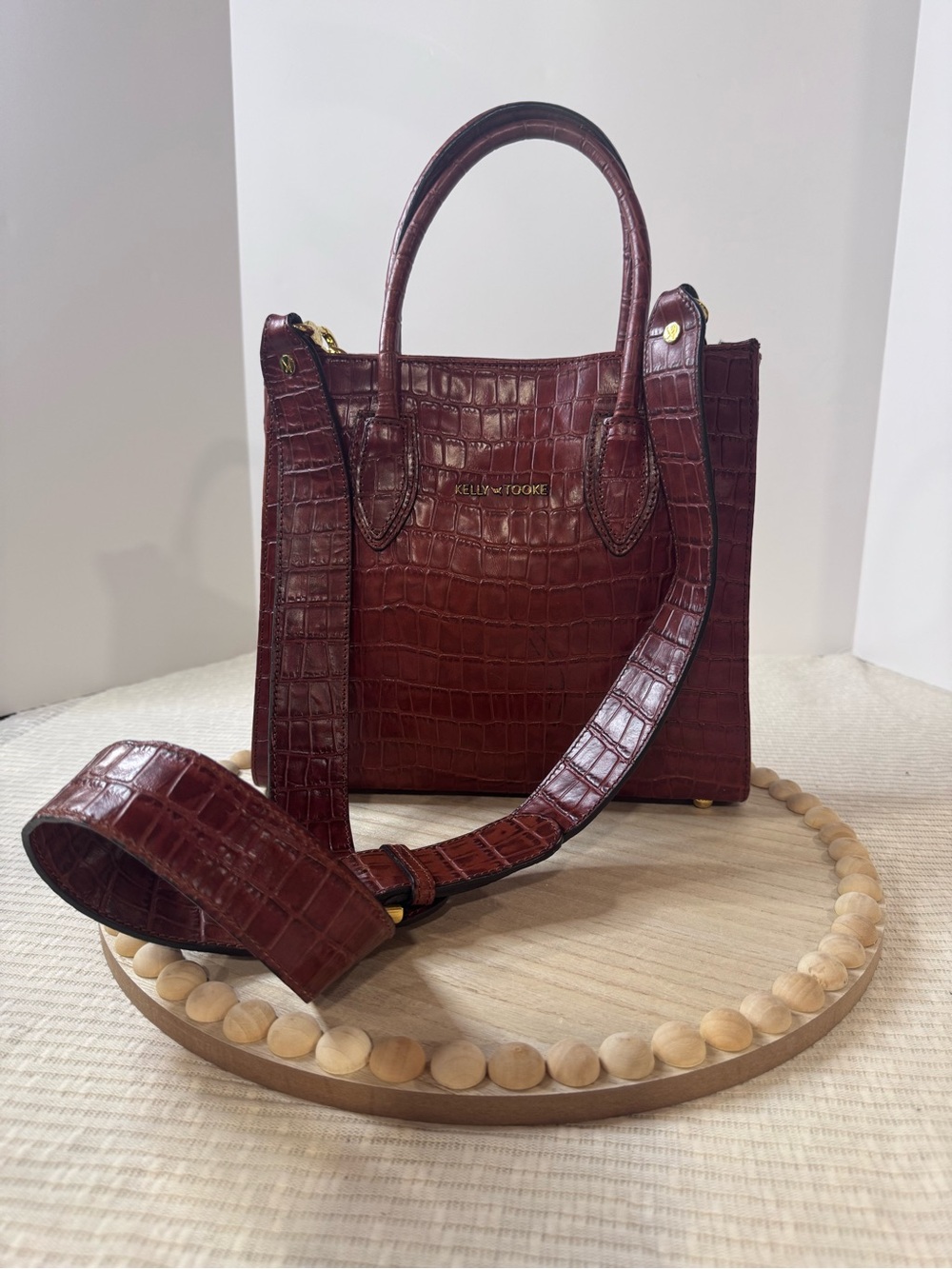 Kelly Tooke Caramel Embossed Croc Leather Tote Crossbody Bag Wide Strap Like New